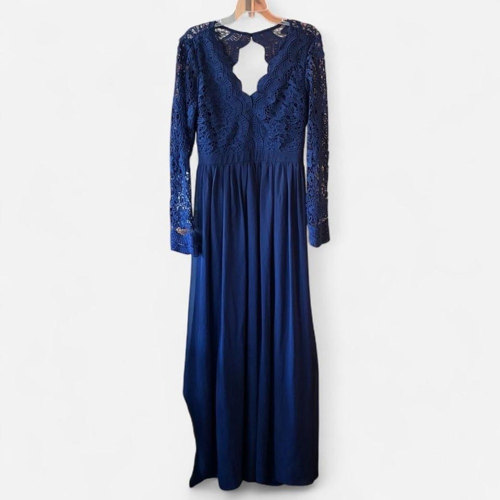Lulus Awaken My Love Navy Blue Lace Open Back Maxi Dress w/ leg slit Sz XL